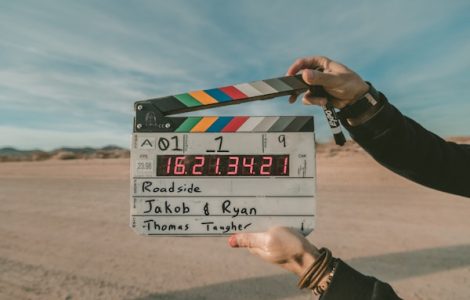 Film clapperboard in desert setting